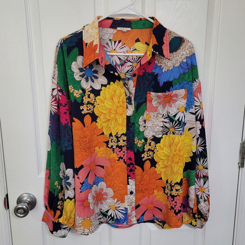 Jodifl Floral Button Down Blouse Multi Color Long Sleeve Shirt Medium